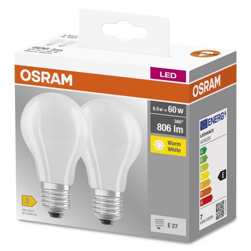 Doppelpack E27 Osram LED BASE Lampen opalweißes GLAS 6,5W wie 60W warmweiße  Wohnbeleuchtung
